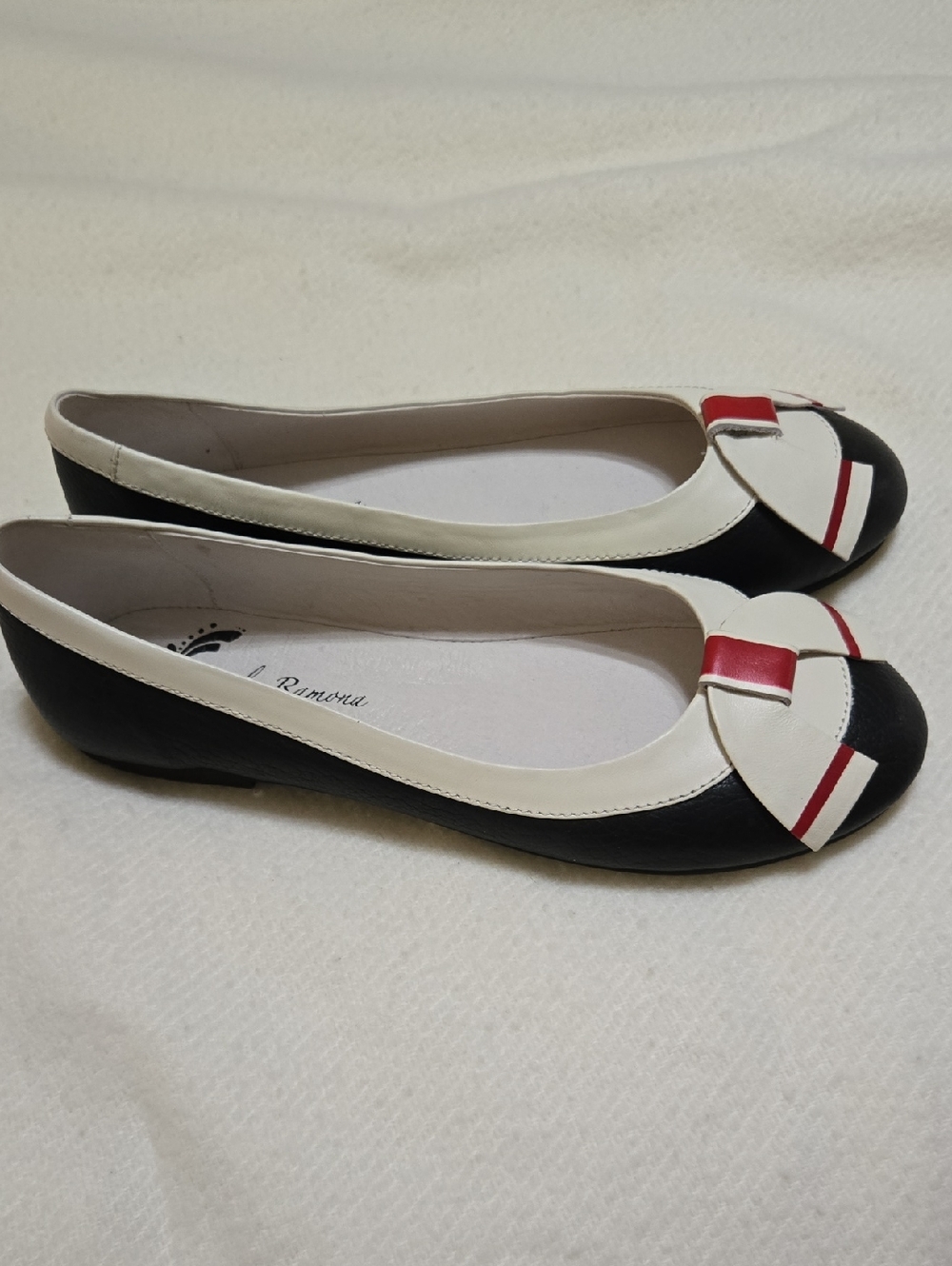 LOLA Ramona Black & White Leather  Ballet Flats with Red Trim NWOT